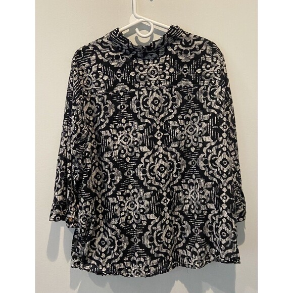 CROFT & BARROW 2X black/white print 3/4 Sleeve Button Blouse. - Picture 2 of 6